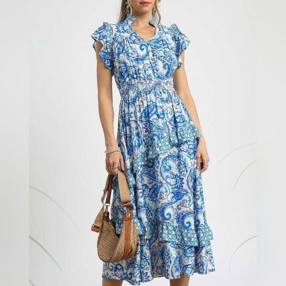 Last Day Umgee USA Blue Paisley Ruffle Midi Dress Cascading Ruffles Small - Picture 5 of 5